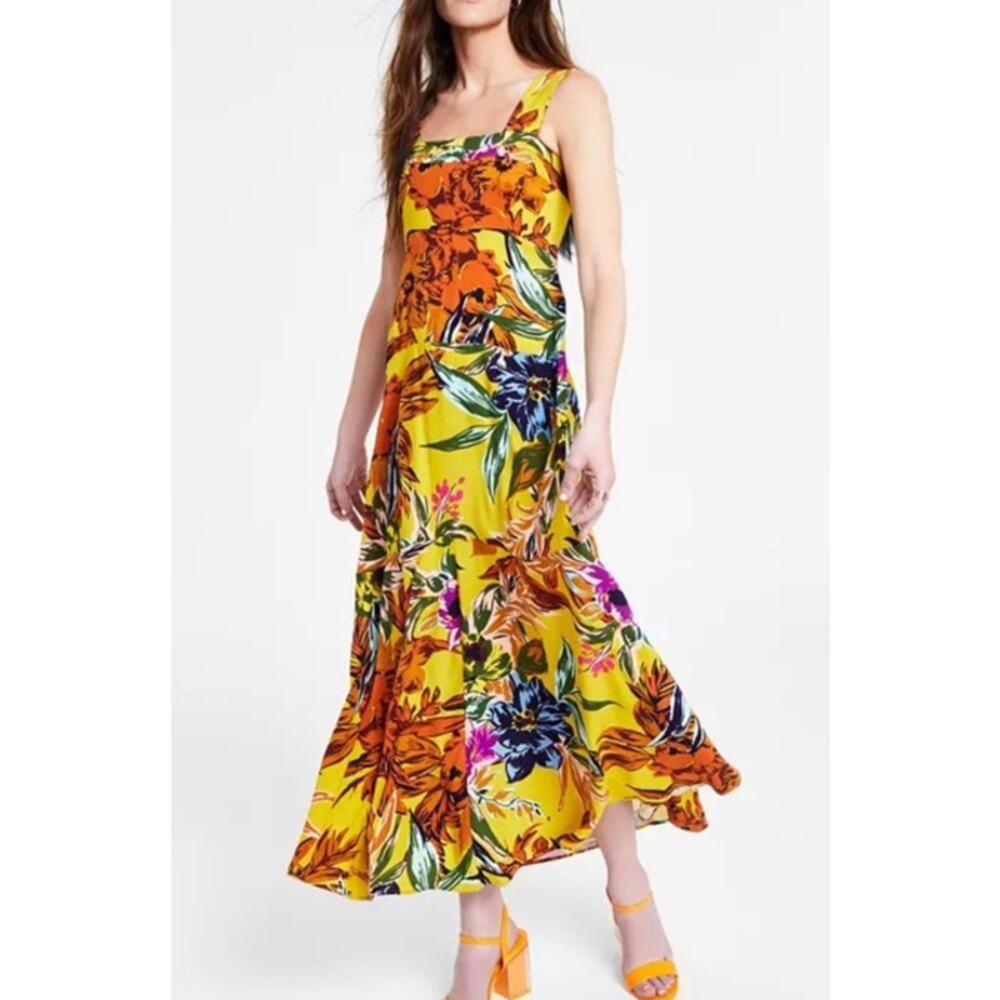 Vince Camuto Floral Halter Square Neck Midi Dress Size XS Yellow Resort Tropical